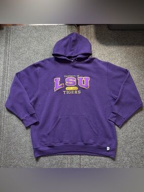 LSU Tigers Hoodie Mens 2XL Purple NCAA Football Sweatshirt Russell Athletic